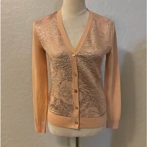 Tory Burch Jonah Rose Gold Merino Wool Silk Metallic Floral Cardigan Sweater  XS